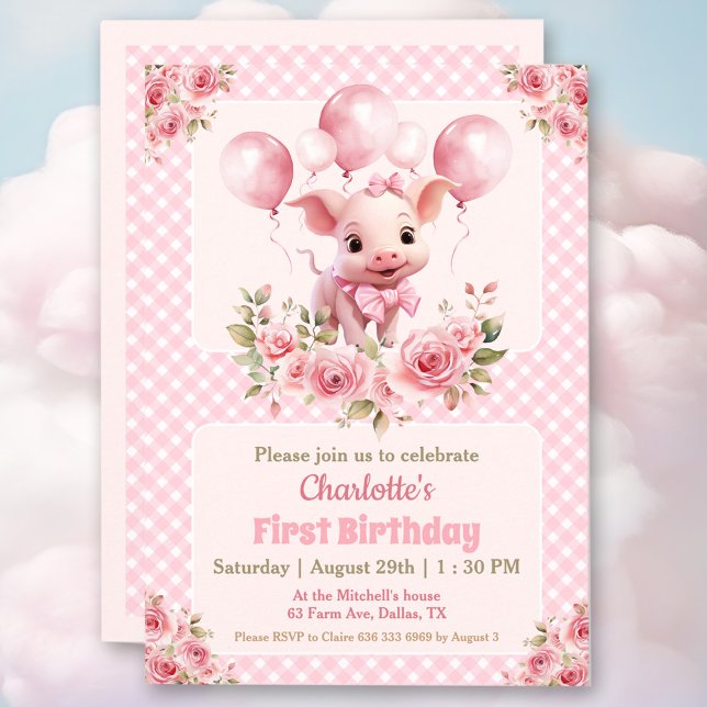 Invitation Pink Cute Pig Farm Girl 1er anniversaire Invitatio (Cute little piglet in pink 1st Birthday party invitation for a girl)