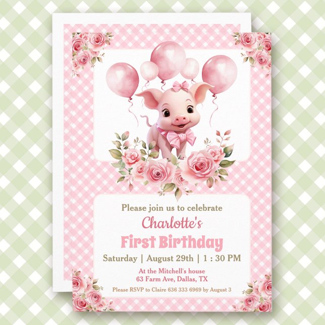 Invitation Pink Cute Piggy Farm à thème fille 1er anniversair (Pink Cute Piggy Farm Themed Girl 1st Birthday Invitation)