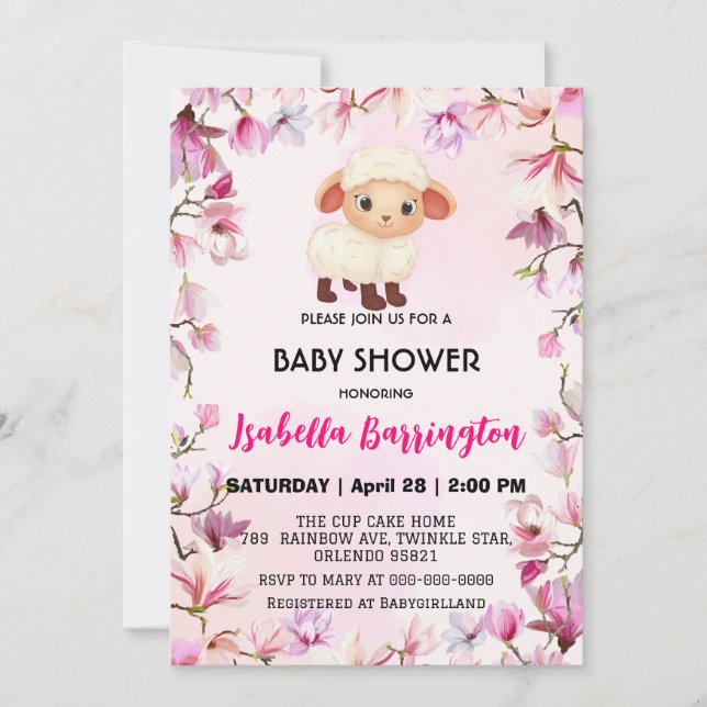 Invitation Pink Cute ram mouton fleur baby shower fleuri enfa (Devant)