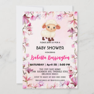 Invitation Pink Cute ram mouton fleur baby shower fleuri enfa