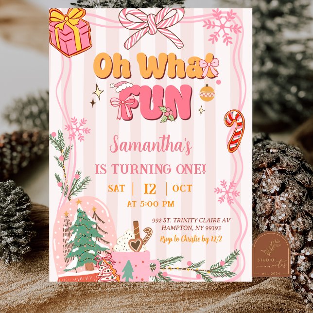 Invitation Pink Cute Retro Christmas Winter 1st Birthday (Créateur téléchargé)