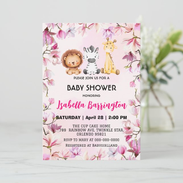 Invitation Pink Cute sauvage boulette safari fleurs baby show (Debout devant)