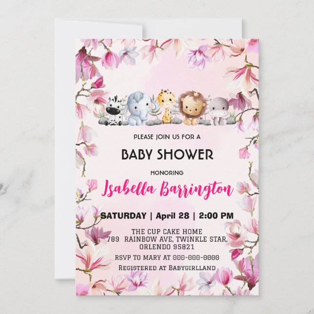 Invitation Pink Cute sauvage petit safari fleur baby shower e (Devant)