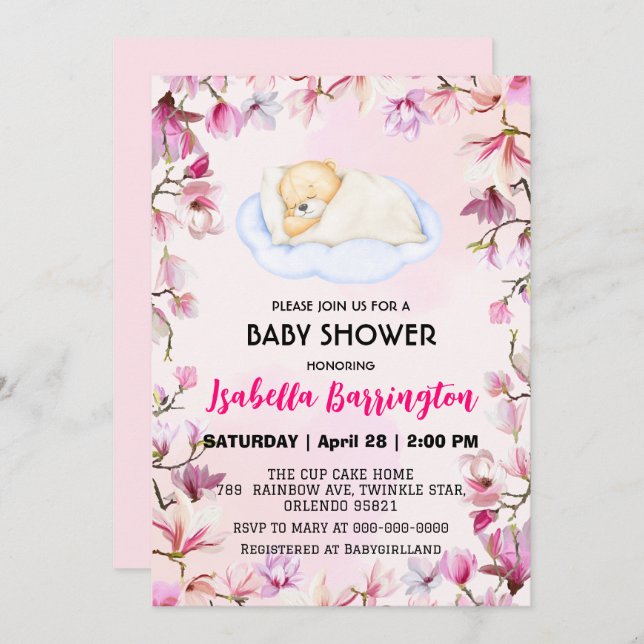 Invitation Pink Cute teddy Bear baby shower enfants (Devant / Derrière)
