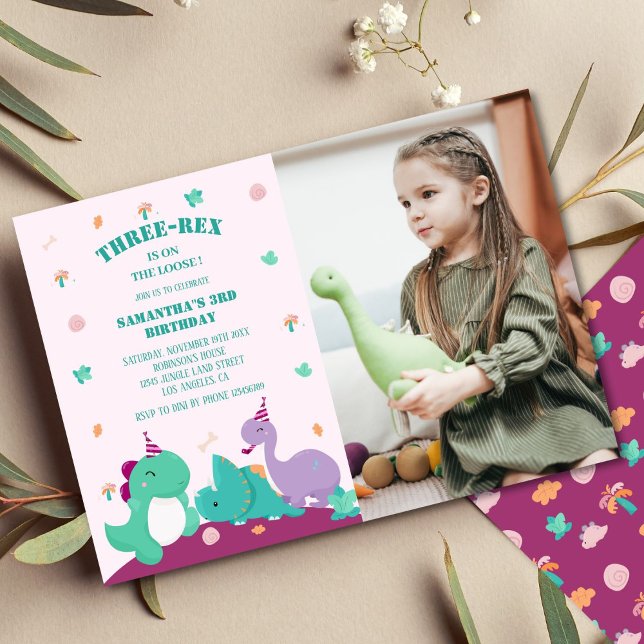 Invitation Pink Cute trois-rex 3e anniversaire de dinosaure P (Créateur téléchargé)