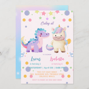 Invitation Pink Cute Unicorn dinosaures arc-en-ciel fête d'an