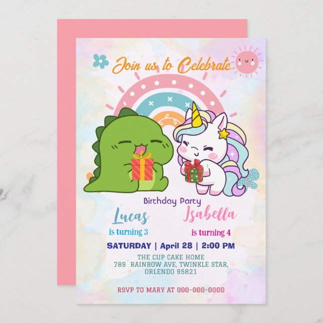 Invitation Pink Cute Unicorn dinosaures arc-en-ciel fête d'an (Devant / Derrière)
