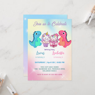 Invitation Pink Cute Unicorn dinosaures arc-en-ciel fête d'an
