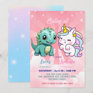 Invitation Pink Cute Unicorn dinosaures arc-en-ciel fête d'an