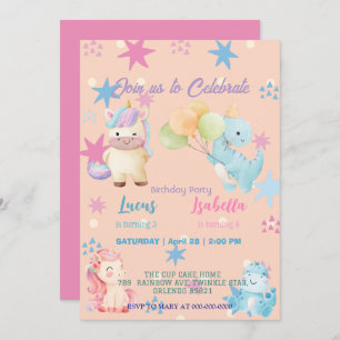 Invitation Pink Cute Unicorn dinosaures arc-en-ciel fête d'an