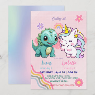 Invitation Pink Cute Unicorn dinosaures arc-en-ciel fête d'an
