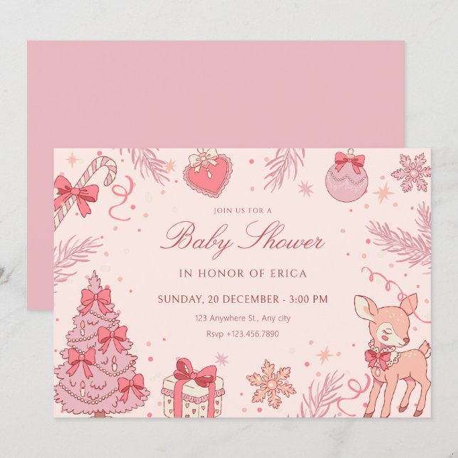 Invitation Pink cute winter baby shower (Devant / Derrière)