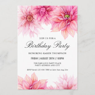 Invitation Pink Dahlia Aquarelle Florale fête d'anniversaire