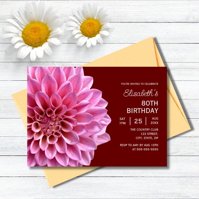 Invitation Pink Dahlia Floral Fall Bourgogne 80e anniversaire (Créateur téléchargé)