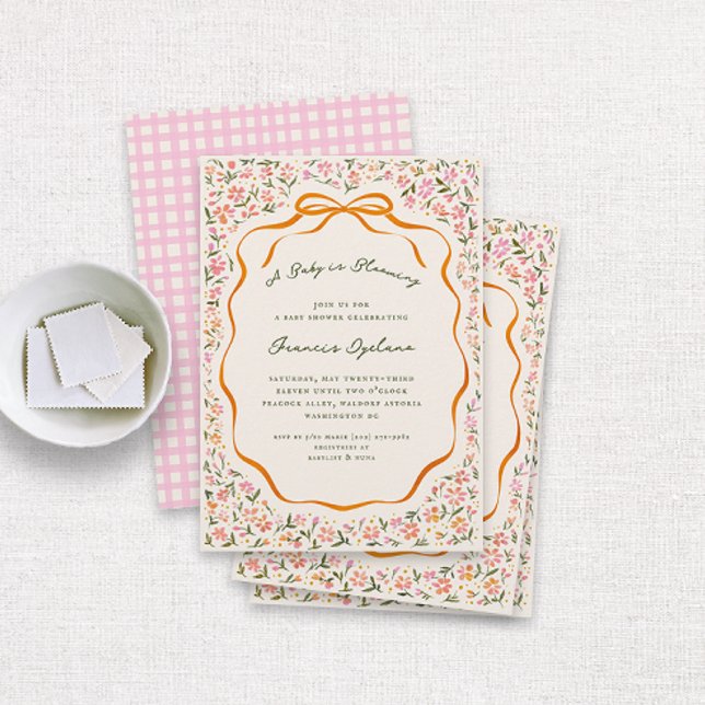 Invitation Pink Dainty Flowers and Orange Bow Baby Shower (pretty watercolor drawn florals and an orange bow and ribbon frame cottage baby shower invitation)