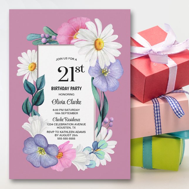 Invitation Pink Daisy Floral 21e fête d'anniversaire (Créateur téléchargé)