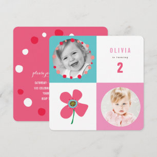 Invitation Pink Daisy Pop Carrés fille Anniversaire Photo Inv