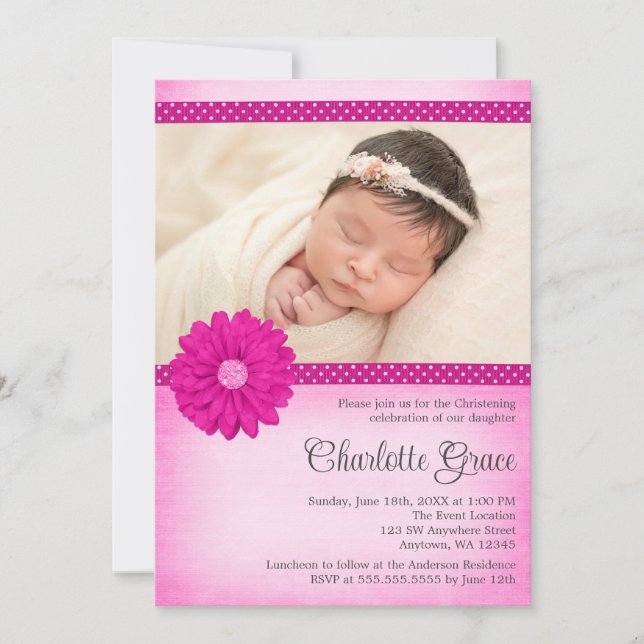 Invitation Pink Daisy Sparkle Photo Baptême Christening (Devant)