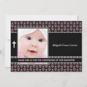 Invitation Pink Damask Baby Girl Photo Christening