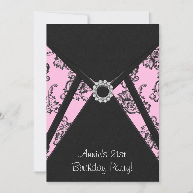 Invitation Pink Damask Black 21e anniversaire de fête Invitat (Devant)