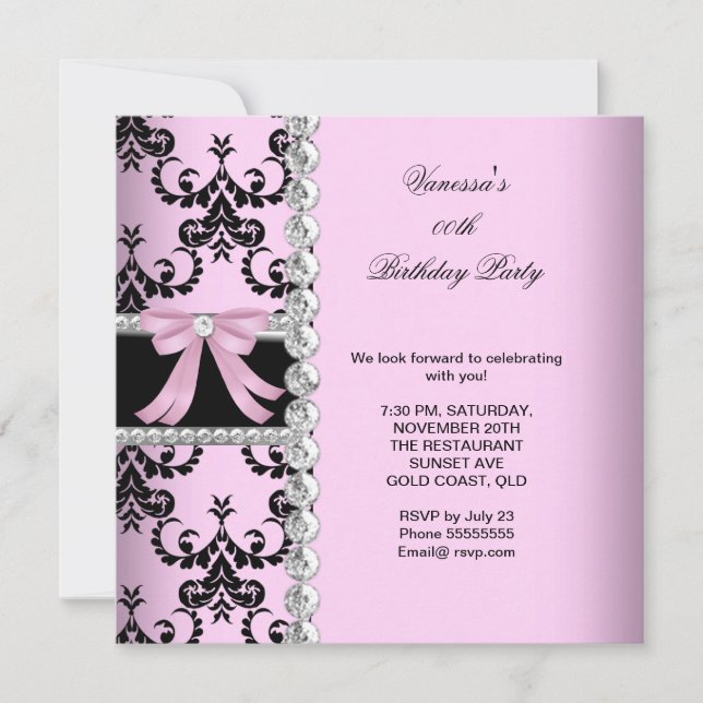 Invitation Pink Damask Black Jewel Bow fête d'anniversaire (Devant)