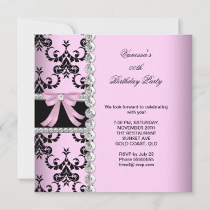 Invitation Pink Damask Black Jewel Bow fête d'anniversaire