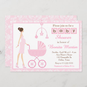 Invitation Pink Damask Brunette Attente d'un Baby shower fémi