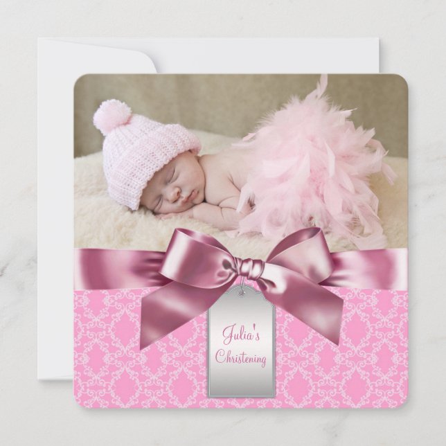 Invitation Pink Damask Christening (Devant)