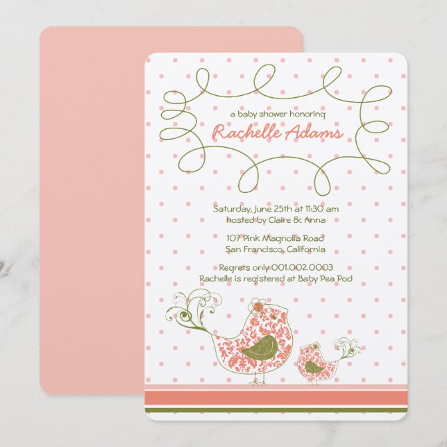 Invitation Pink Damask Mom & Baby Bird Chic Girl Baby shower (Devant / Derrière)