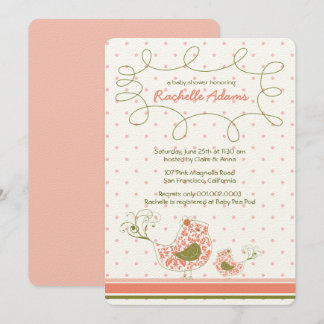 Invitation Pink Damask Mom & Baby Bird Chic Girl Baby shower