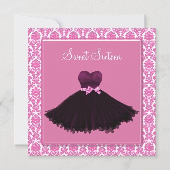 Invitation Pink Damask Sweet sixteen rose fête d'anniversaire (Devant)