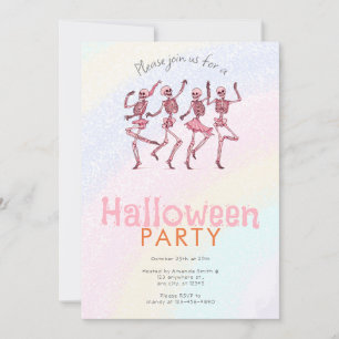 Invitation Pink Dancing Skeletons Rainbow Halloween Party