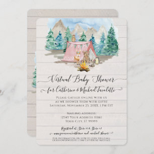 Invitation Pink Deer Bear Rustic Forest Baby shower virtuel