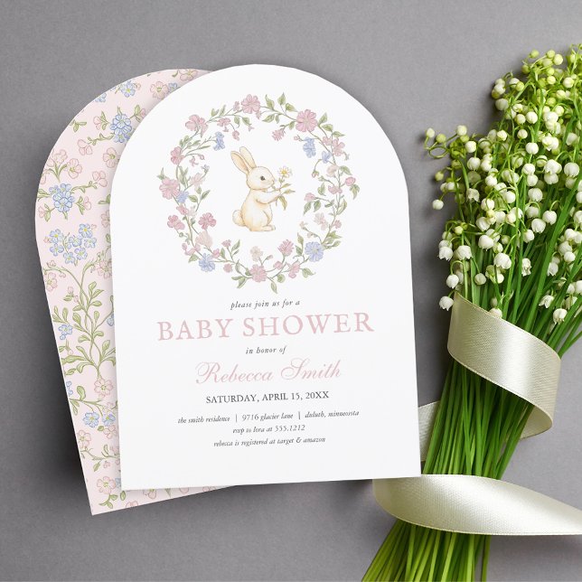 Invitation Pink Delicate Vintage Bunny Baby shower (Pink Delicate Vintage Floral Bunny Baby Shower Invitation)