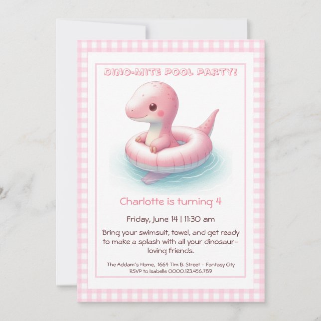Invitation Pink Dino-Mite Anniversaire Pool (Devant)