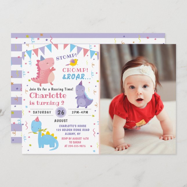 Invitation Pink Dinosaur Roar Anniversaire Filles Dino (Devant / Derrière)