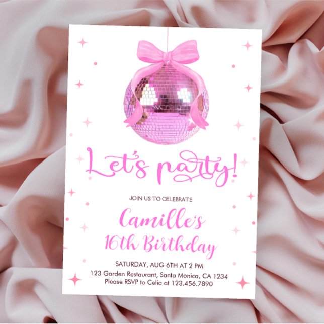 Invitation Pink Disco Ball | pink bow Birthday  (Créateur téléchargé)