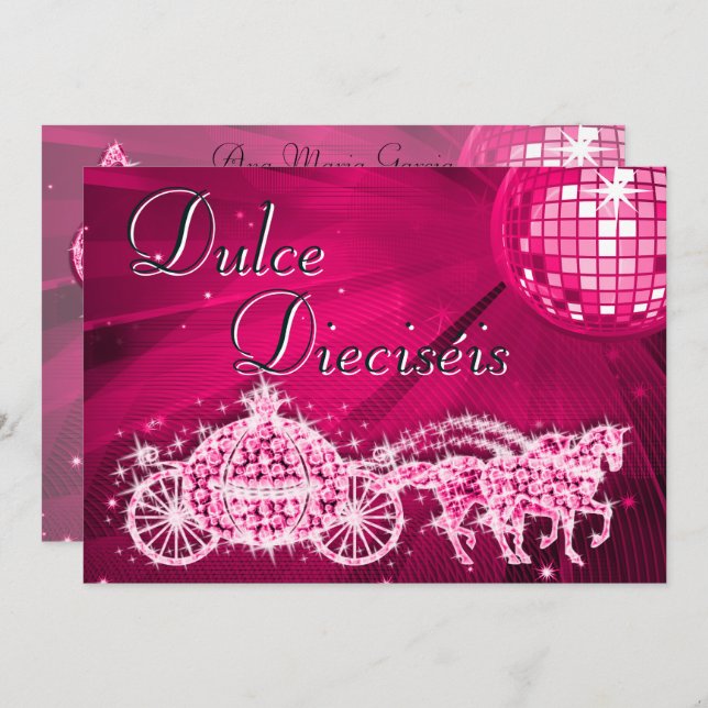 Invitation Pink Disco Ball, Princess Coach & Horses Sweet 16 (Devant / Derrière)
