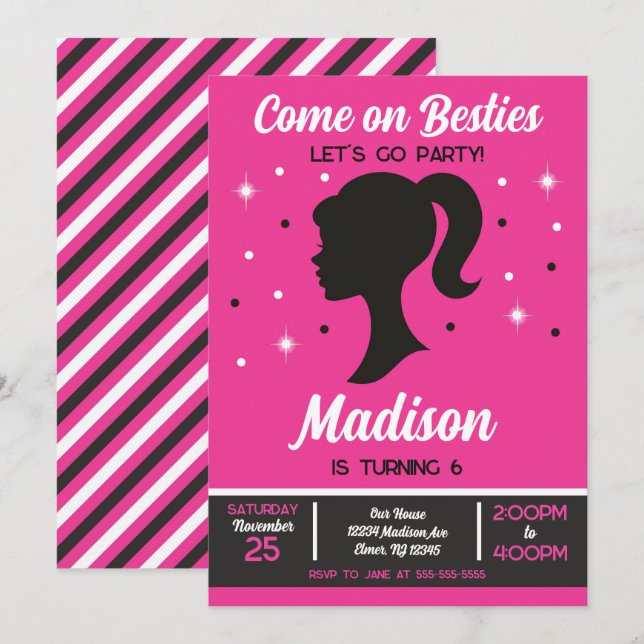 Invitation Pink Doll Besties Fashion Party Birthday  (Devant / Derrière)