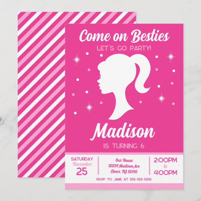 Invitation Pink Doll Besties Fashion Party Birthday  (Devant / Derrière)