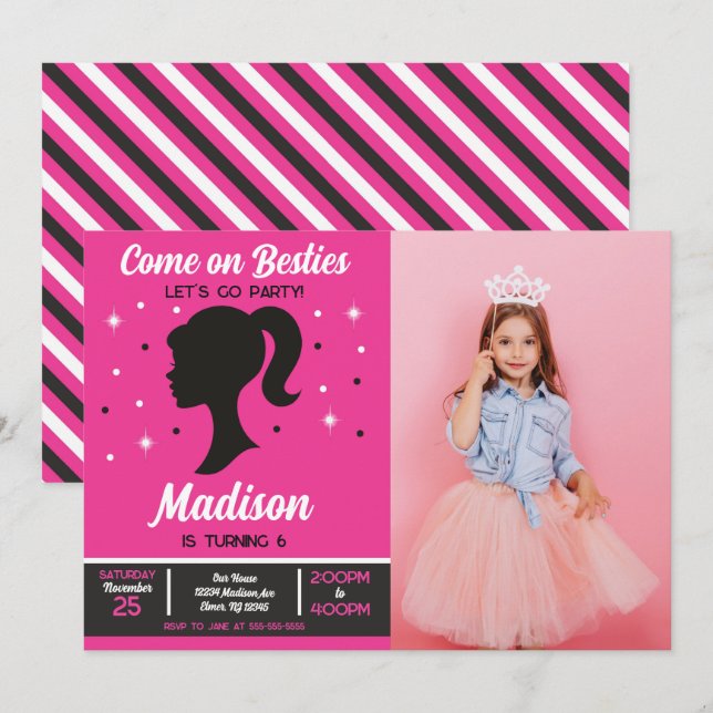 Invitation Pink Doll Besties Fashion Party Photo Birthday  (Devant / Derrière)