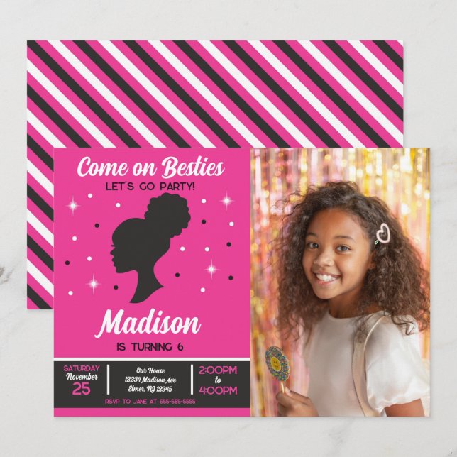 Invitation Pink Doll Besties Fashion Party Photo Birthday  (Devant / Derrière)