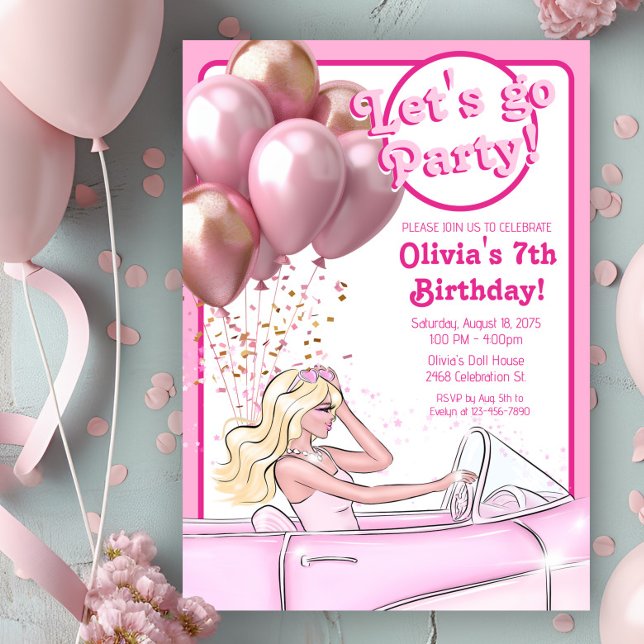 Invitation Pink Doll Car fête d'anniversaire (Cute pink doll in car any number birthday invitation. Simply add your event details.)