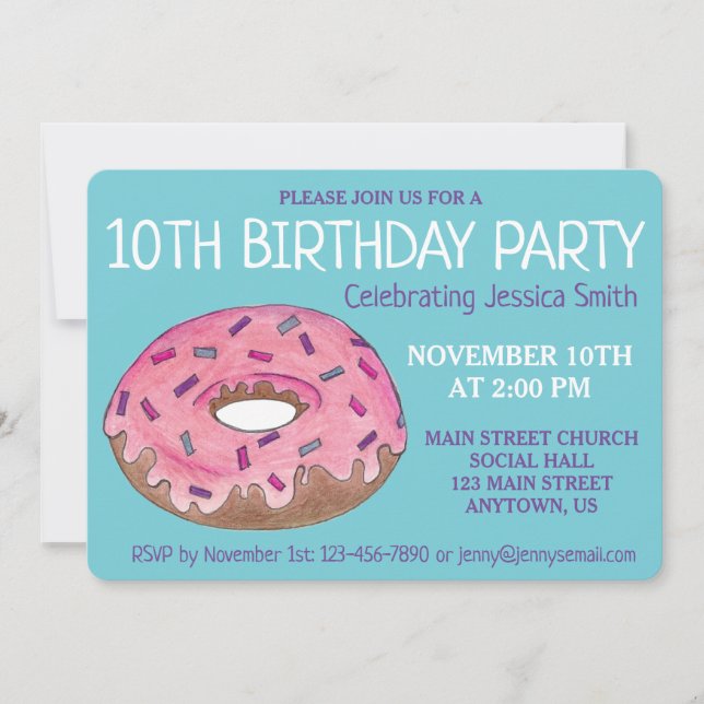 Invitation Pink Donut Doughnut Anniversaire Fête Petit déjeun (Devant)