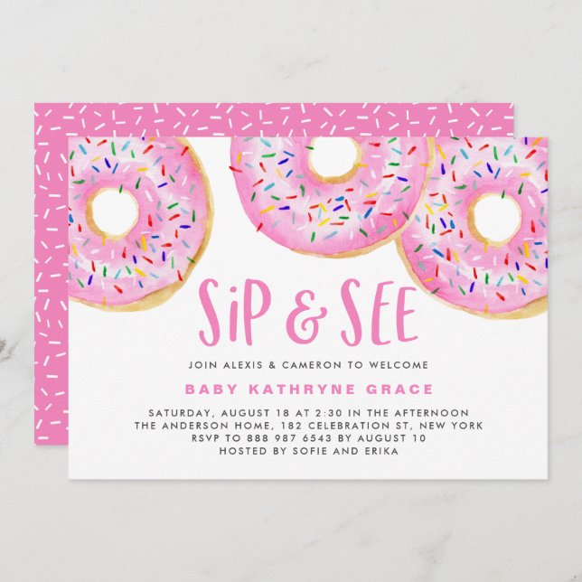 Invitation Pink Donuts arrose Baby shower Sip et voir (Devant / Derrière)