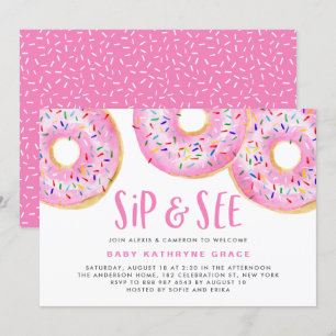 Invitation Pink Donuts arrose Baby shower Sip et voir