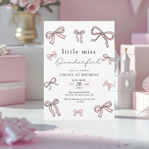 Invitation Pink Doodle Bow Baby Girl 1er anniversaire