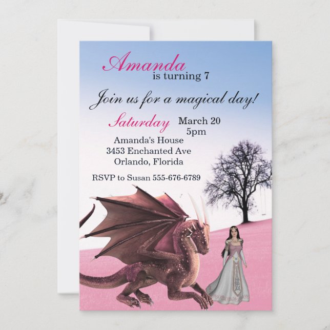 Invitation Pink Dragon Princess Magique Anniversaire (Devant)