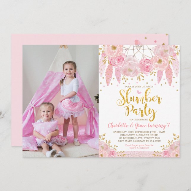 Invitation Pink Dreamcatcher Fête de bois d'oeuvre (Devant / Derrière)