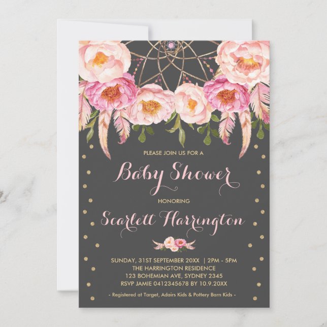Invitation Pink Dreamcatcher fille Baby shower Boho Floral (Devant)